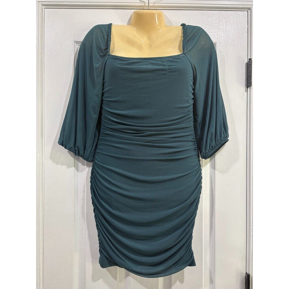 Speechless Womens M Teal Ruched Mesh Bodycon Dress Puff Sleeve Square Neck